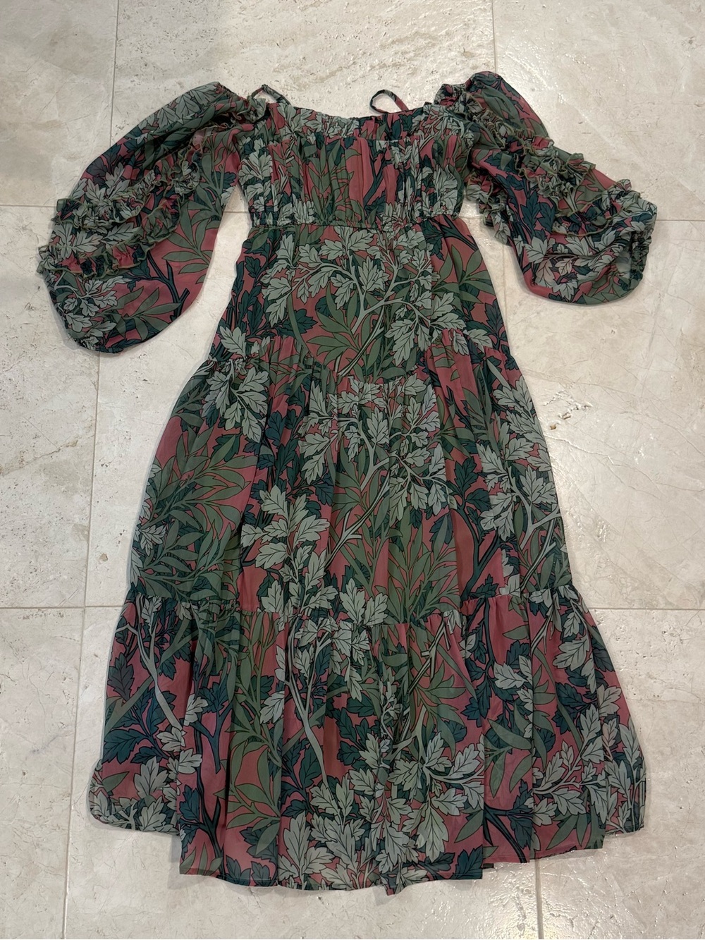 Let Me Be Floral Off Shoulder Midi Dress XS Pink Green Puff Sleeve Cottagecore